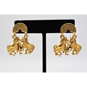 Vittorio Vintage Earrings Rainbow Animals Brushed Gold NOS 80s Signed 9C